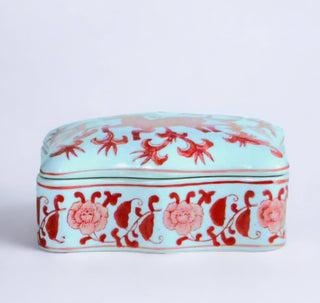 Lidded Box, Chinoiserie Deer Design In Blue or Red: Red