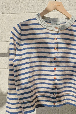 Large STRIPED PATTERN BUTTON FRONT CARDIGAN: SKY BLUE/OAT/GREY