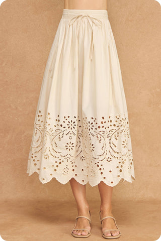 Eyelet Embroidery Detail Waist Tie Midi Skirt: Ecru / S
