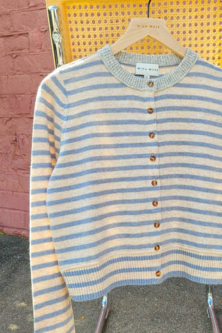 Large STRIPED PATTERN BUTTON FRONT CARDIGAN: SKY BLUE/OAT/GREY