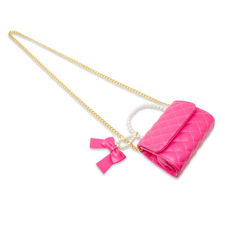 Quilted Pearl Handle Bow Ribbon Handbag: Hot Pink