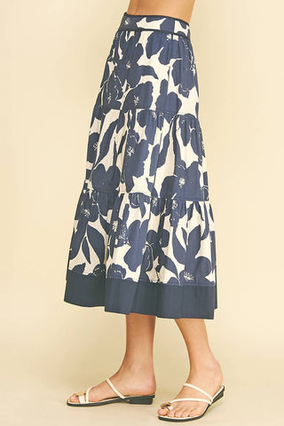 FLORAL TIERED MIDI SKIRT - 7235S: NAVY / L