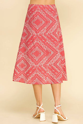 BANDANA PRINT A-LINE MIDI SKIRT - 7371S: Red / M