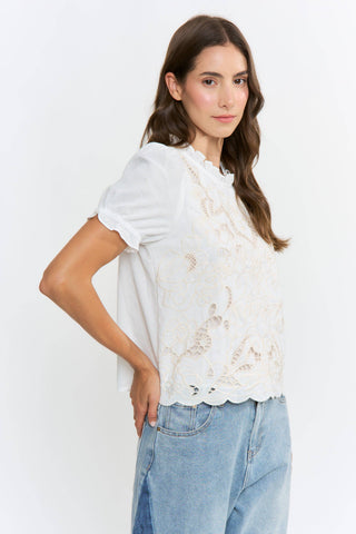Embroidered Short Sleeve Blouse: OFF WHITE
