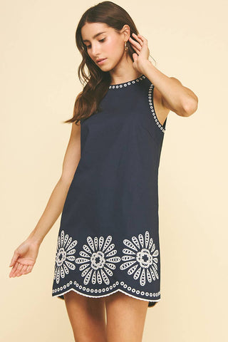 FLORAL EMBROIDERED MINI DRESS - 6545D: NAVY / S