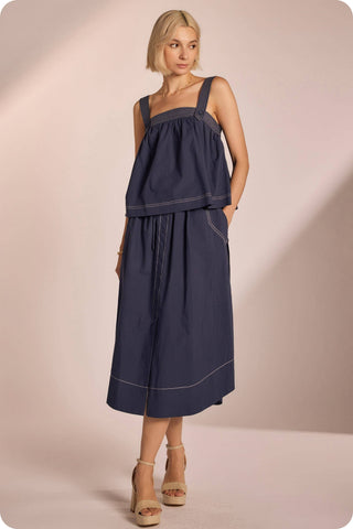 Top-stitch Relaxed Cotton Midi Skirt: Navy / L