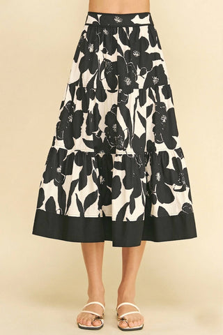 FLORAL TIERED MIDI SKIRT - 7235S: NAVY / L