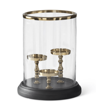 13.25" Black & Gold 3 Pillar Candleholder w/Glass Hurricane