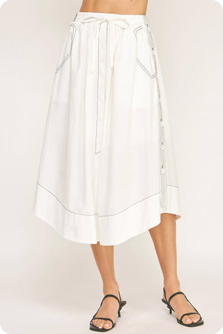 Top-stitch Relaxed Cotton Midi Skirt: Navy / M