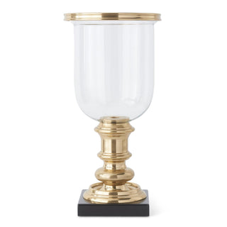 17.25" Gold Metal and Glass Hurricane on Dark Wood Base