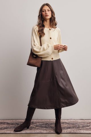 M Faux Leather A-Line Midi Skirt : Dark Brow