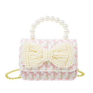 Tweed Pearl Handle Bow Purse: Pink