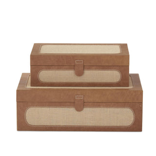 Woven Rattan & Tan Leather Suede Lined Hinged Box