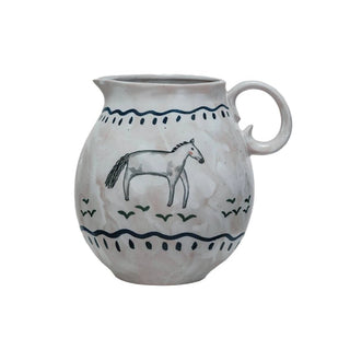 2 - 1/2 Quart Hand - Painted Stoneware Pitcher w/ Horse