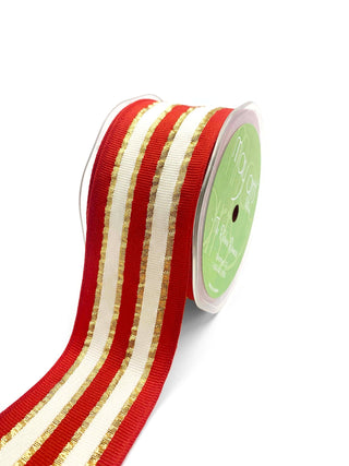 ~2" Red Woven Metallic Gold Stripe Wired Ribbon