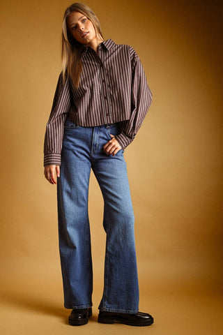 Small STRIPED BUTTON FRONT CROP SHIRTS: BROWN