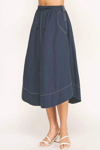 Top-stitch Relaxed Cotton Midi Skirt: Peri Blue / M