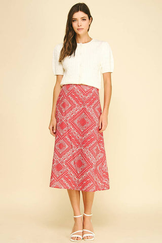 BANDANA PRINT A-LINE MIDI SKIRT - 7371S: Red / S