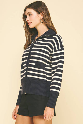 STRIPED ZIP UP SWEATER - 6373WJ: INK / ML