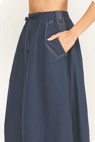 Top-stitch Relaxed Cotton Midi Skirt: Navy / L