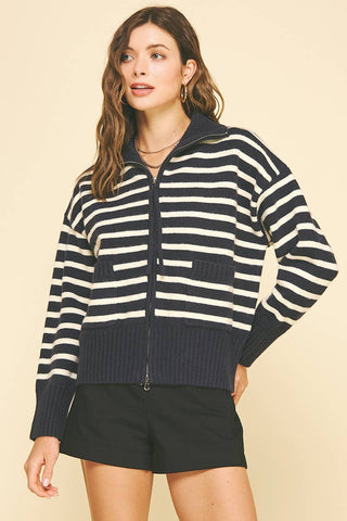 STRIPED ZIP UP SWEATER - 6373WJ: INK / SM