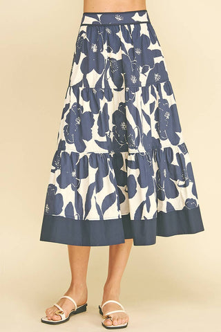 FLORAL TIERED MIDI SKIRT - 7235S: NAVY / L