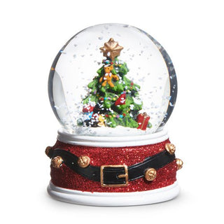 Christmas-themed snow globe with a tree and ornaments on a white background