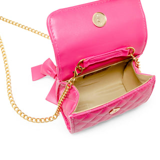 Quilted Pearl Handle Bow Ribbon Handbag: Hot Pink