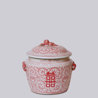 Small Red and White Porcelain Double Happiness Lug Jar