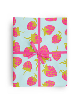 Blue and Pink Strawberries Wrapping Paper Roll