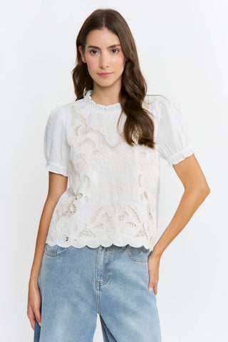 Embroidered Short Sleeve Blouse: OFF WHITE
