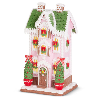 13" Pink and Green Lighted Gingerbread Cottage