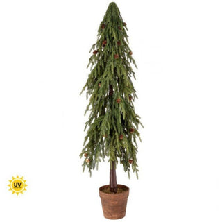 Artificial Christmas tree with UV protection label on a white background