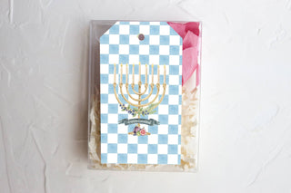 Blue checker print, menorah, Hanukkah, chic gift tag