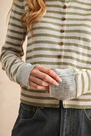 SMALL STRIPED PATTERN BUTTON FRONT CARDIGAN: BLUE/OAT/GREY