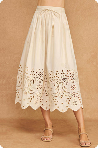 Eyelet Embroidery Detail Waist Tie Midi Skirt: Ecru / S
