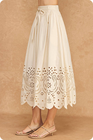 Eyelet Embroidery Detail Waist Tie Midi Skirt: Ecru / M