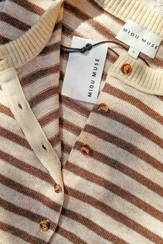 Small STRIPED PATTERN BUTTON FRONT CARDIGAN: SKY BLUE/OAT/GREY