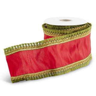 4"x 5YD Red Ribbon, Wired, Green Fringe