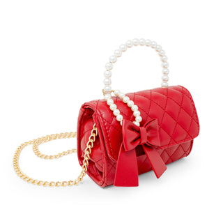 Quilted Pearl Handle Bow Ribbon Handbag: Hot Pink