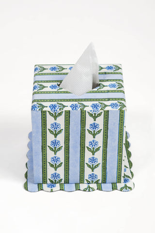 Cottage Garden Blockprint Scallop Tissue Box Cover in Blue
