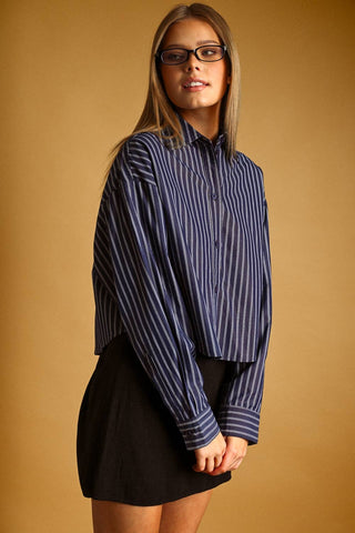 Small STRIPED BUTTON FRONT CROP SHIRTS: BROWN