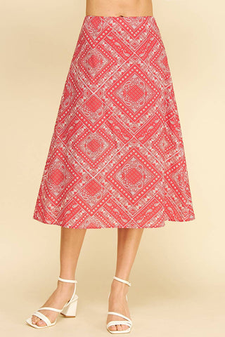 BANDANA PRINT A-LINE MIDI SKIRT - 7371S: Red / M