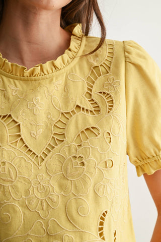 Embroidered Short Sleeve Blouse: OFF WHITE