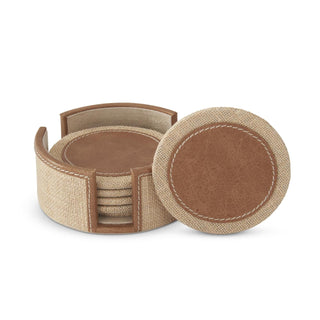 6 Tan Leather Jute Coasters & Holder