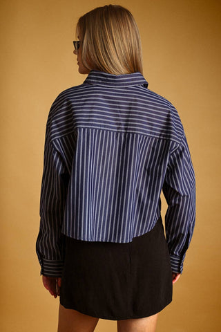 Small STRIPED BUTTON FRONT CROP SHIRTS: BROWN