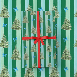 Blue Spruce and Bows Green Striped Wrapping Paper