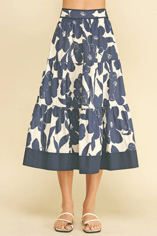 FLORAL TIERED MIDI SKIRT - 7235S: NAVY / L