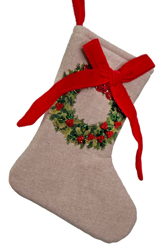 Cotton Stocking w/ Beaded Wreath & Red Velvet Bow