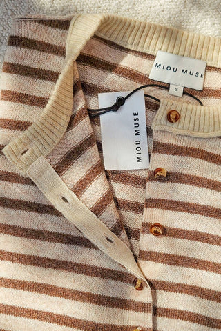 Small STRIPED PATTERN BUTTON FRONT CARDIGAN: SKY BLUE/OAT/GREY
